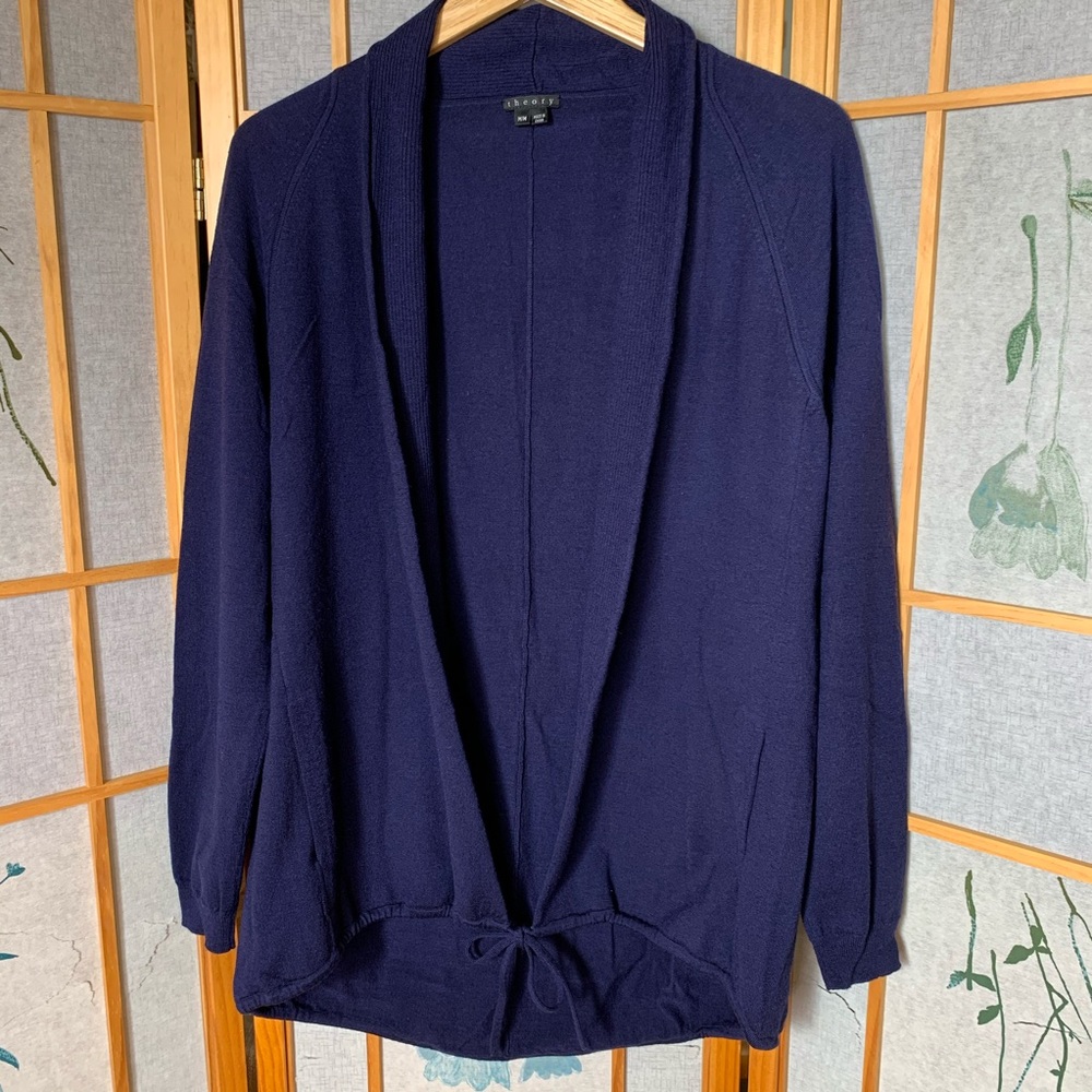 Theory open front navy blue tie sweater Sz M